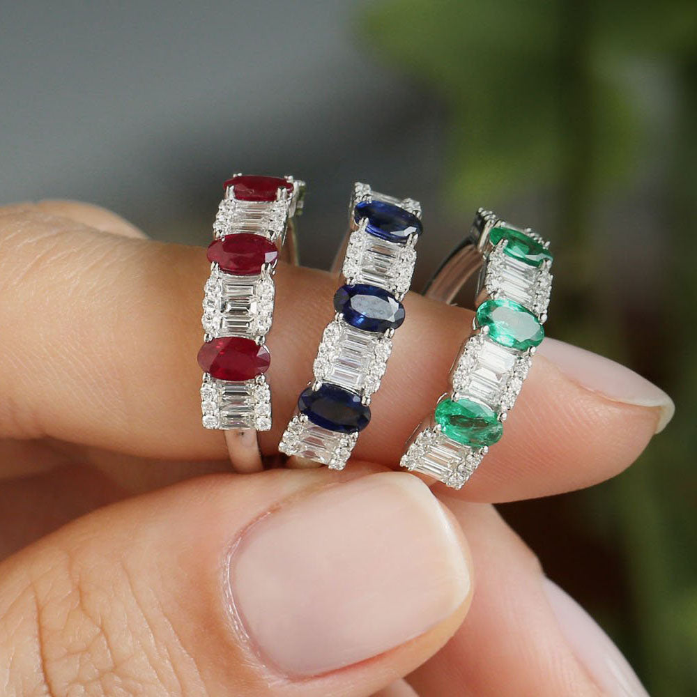 Anel solitário de ouro feminino noivado Diamante Safira Azul