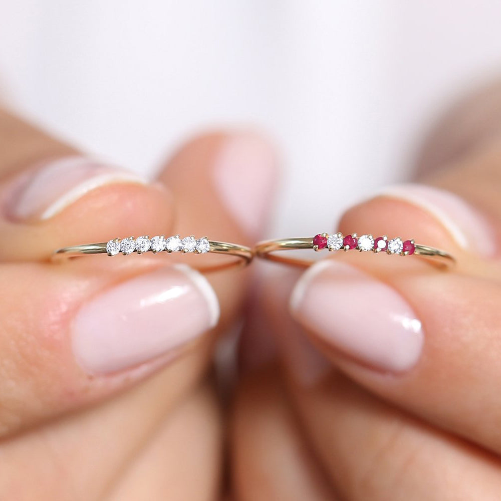Anel solitário de ouro feminino noivado Diamante e Rubi Aparador meia aliança