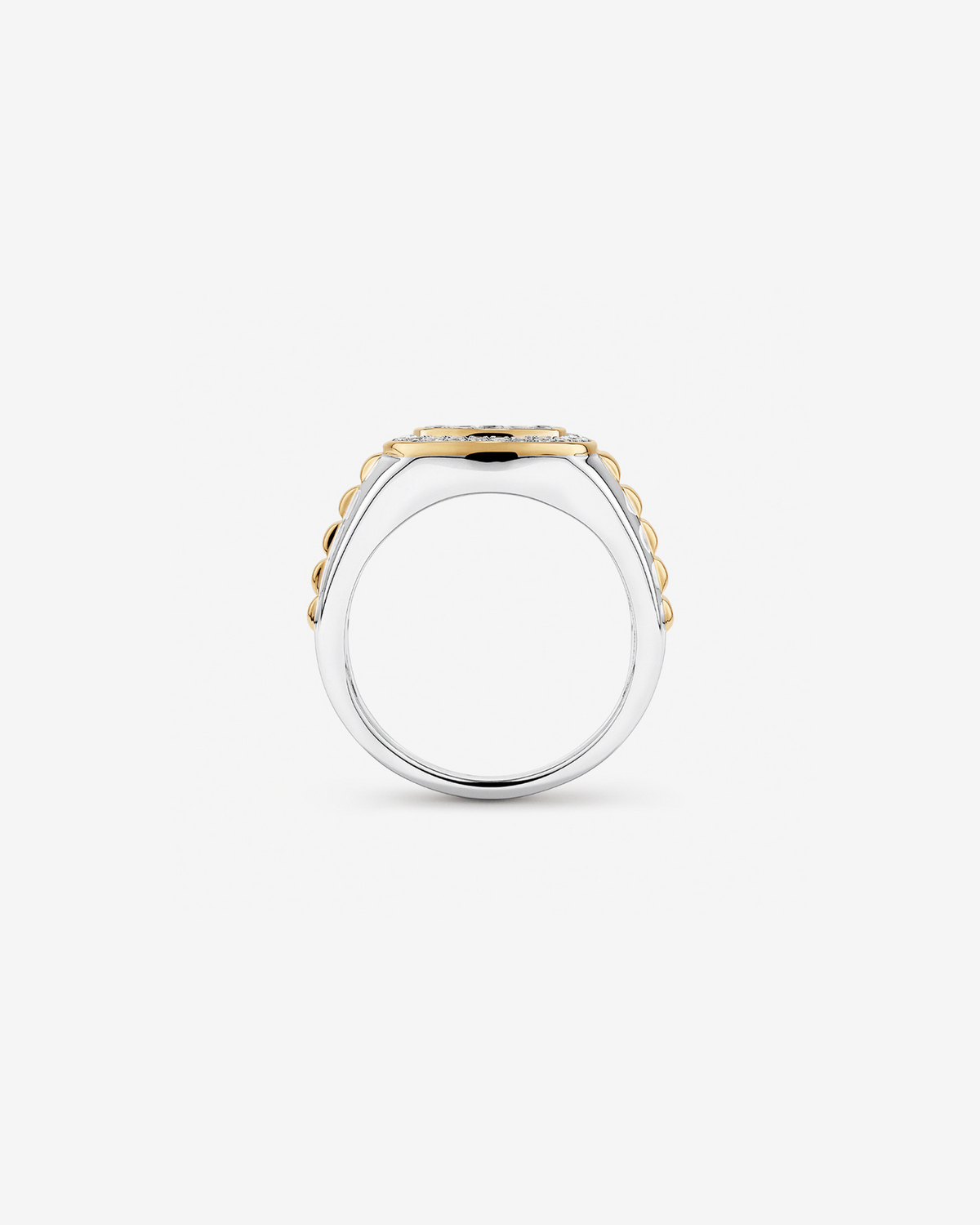 Anel masculino em ouro branco e amarelo 18k com diamantes naturais negros e brancos 0,75 ct - perfil