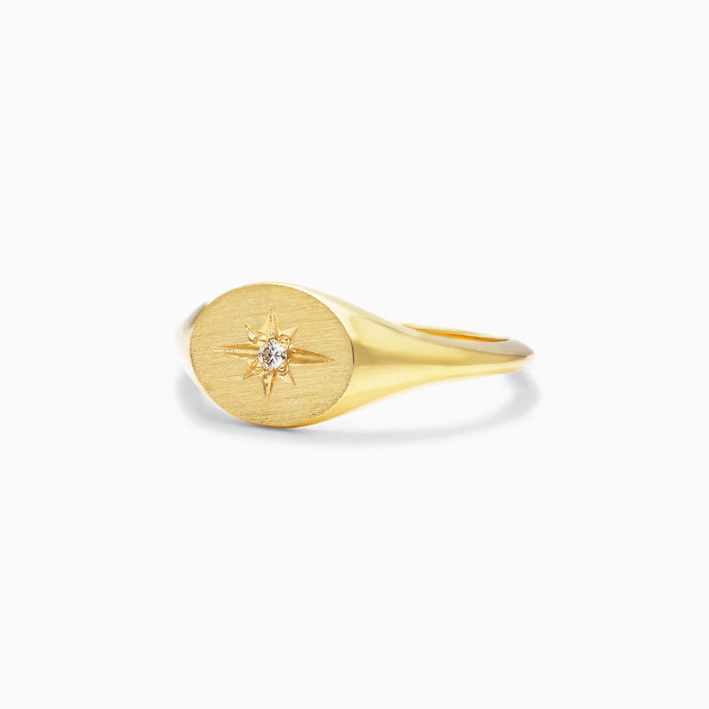 Anel Sinete Star Bust De Ouro 18k Amarelo e Diamante Luxo