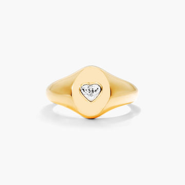 Anel Sinete c/ Coraçao de Diamante Brilhantes em Ouro 18k Luxo