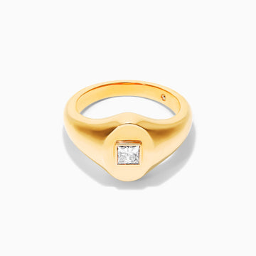 Anel Sinete De Ouro Amarelo 18k C/ Diamante Quadrado