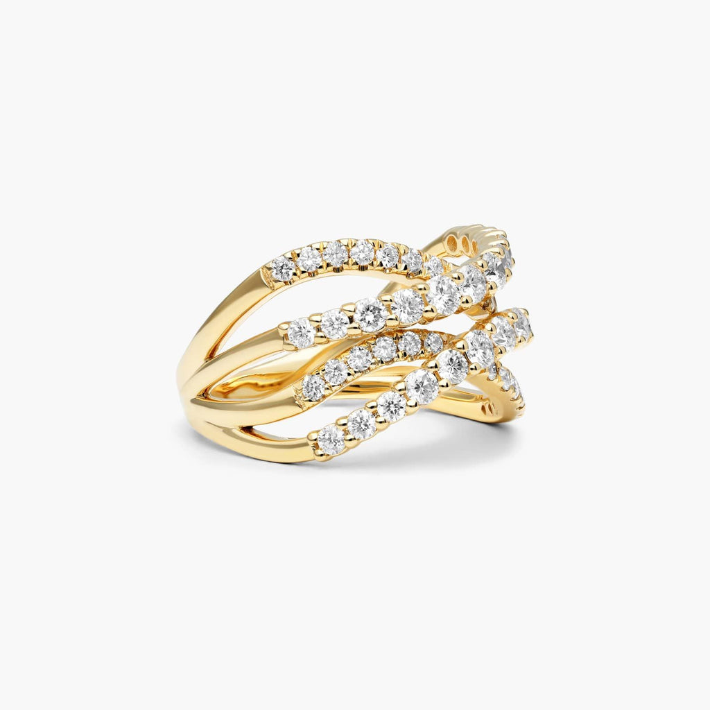 Anel De Ouro 18k e Fileiras De Ondas C/ Diamantes Brilhantes Luxo