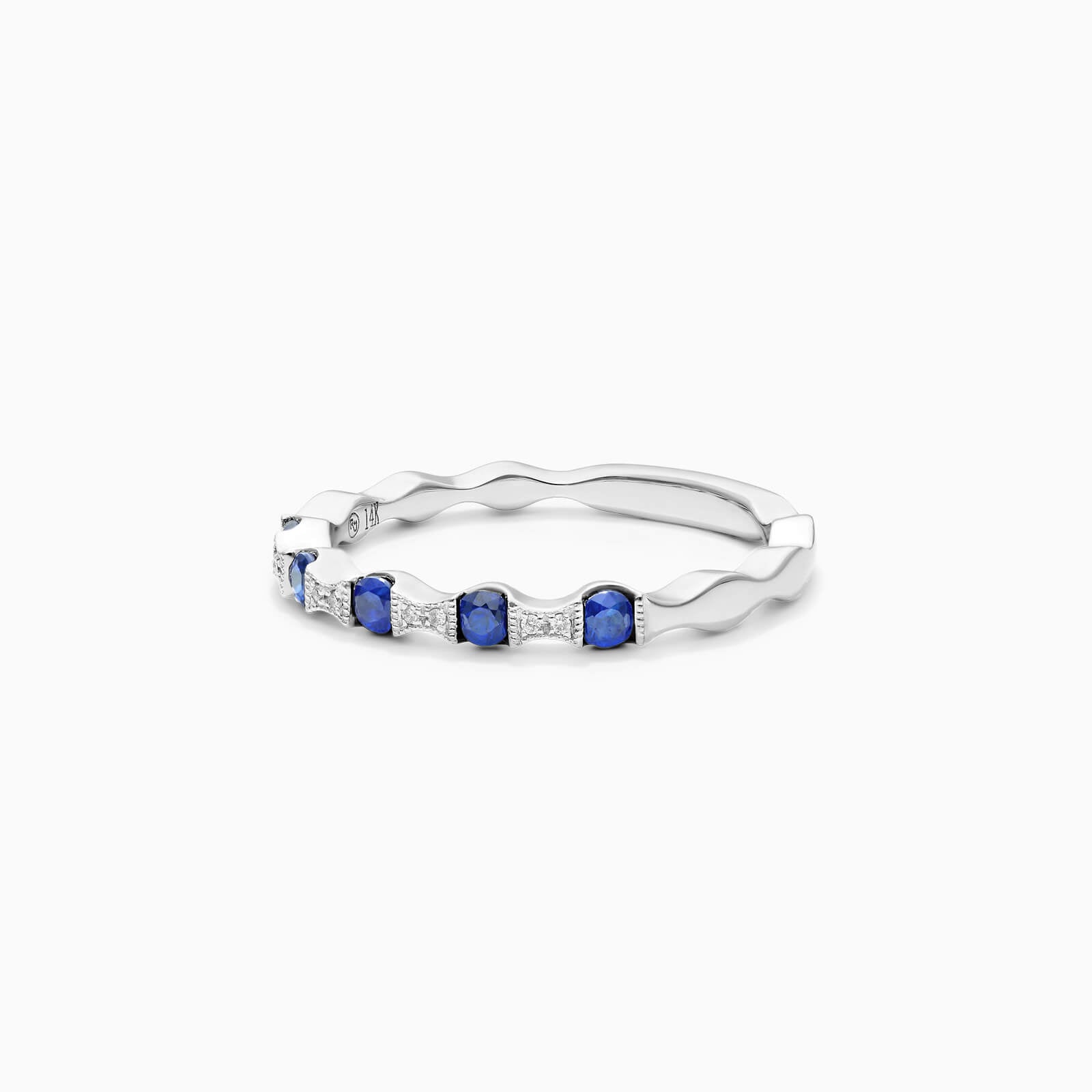 Anel De Ouro 18k Aparador Meia Aliança c/ Safira Azul e Diamantes Brilhantes