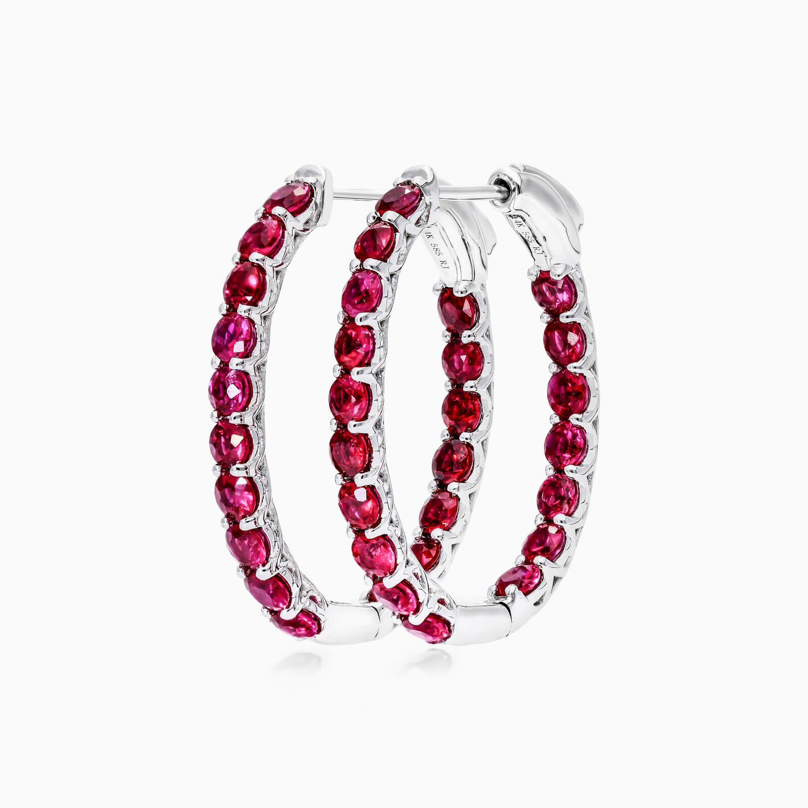 Brinco Argola De Rubis em Ouro 18k Branco De Luxo