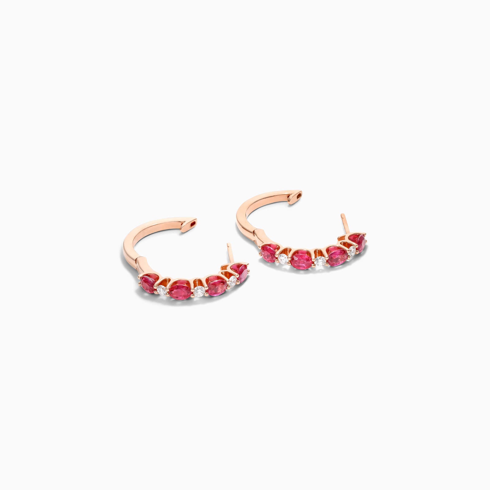 Brinco De Ouro Rosa 18k Argola Alternada de Rubis e Diamantes