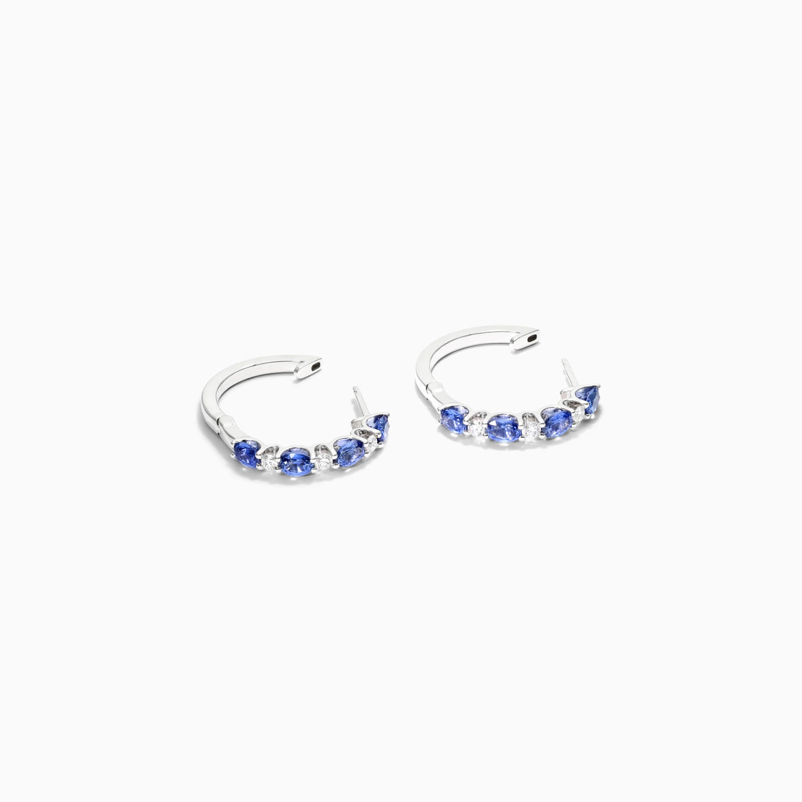 Brinco De Ouro Branco 18k Argola Alternada de Safira Azul e Diamantes