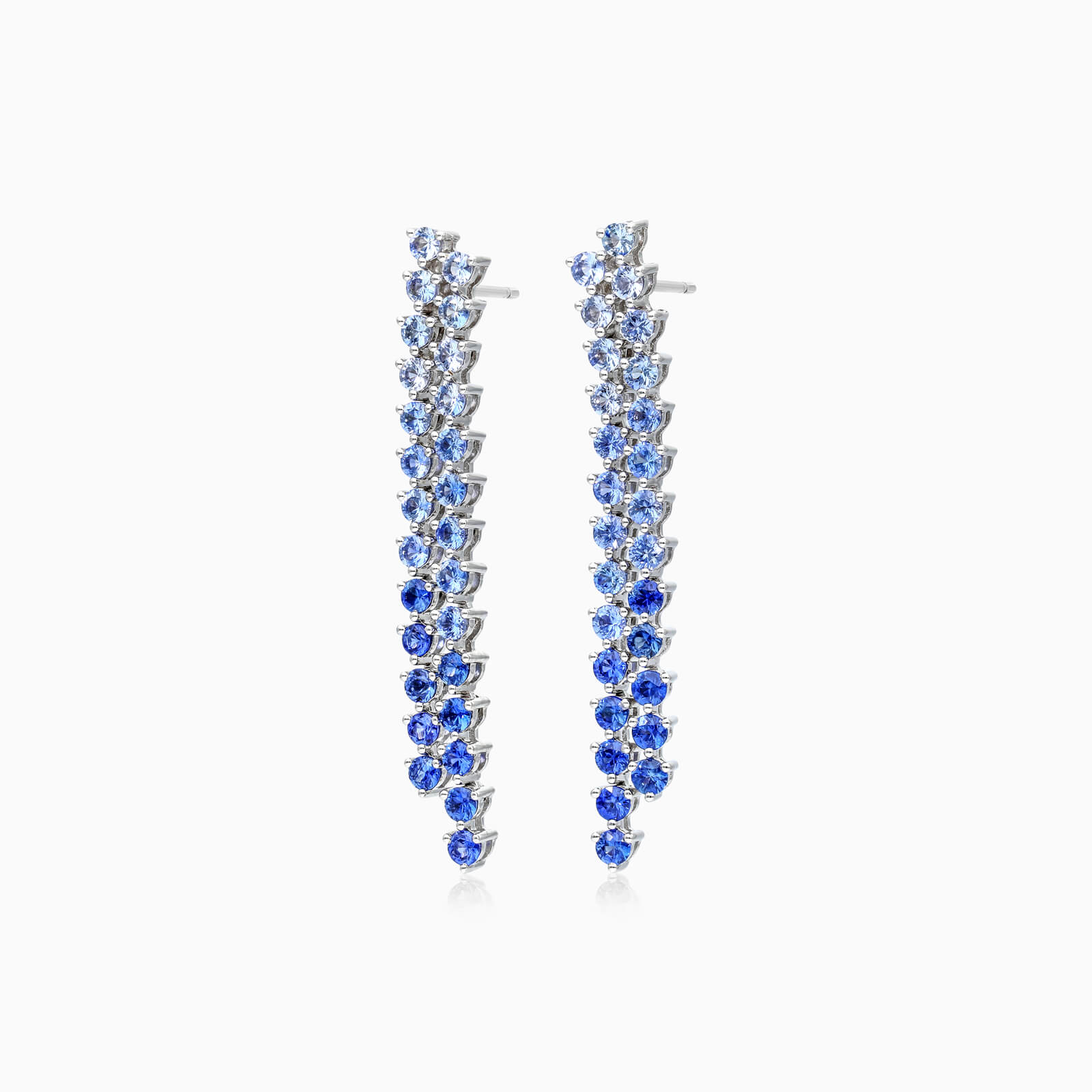 Brinco de Ouro 18k Cascata de Safiras Azuis Luxo Feminino