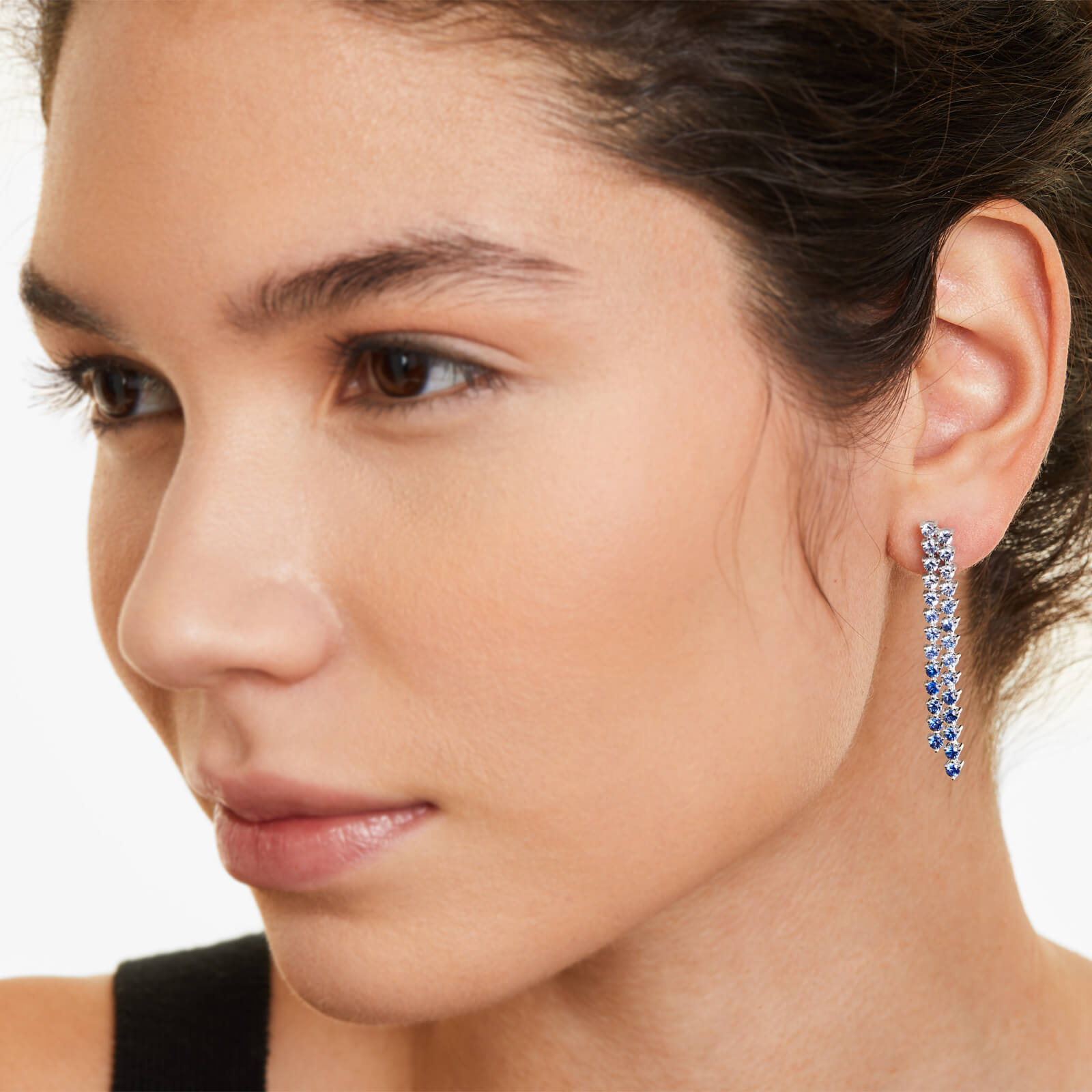 Brinco de Ouro 18k Cascata de Safiras Azuis Luxo Feminino