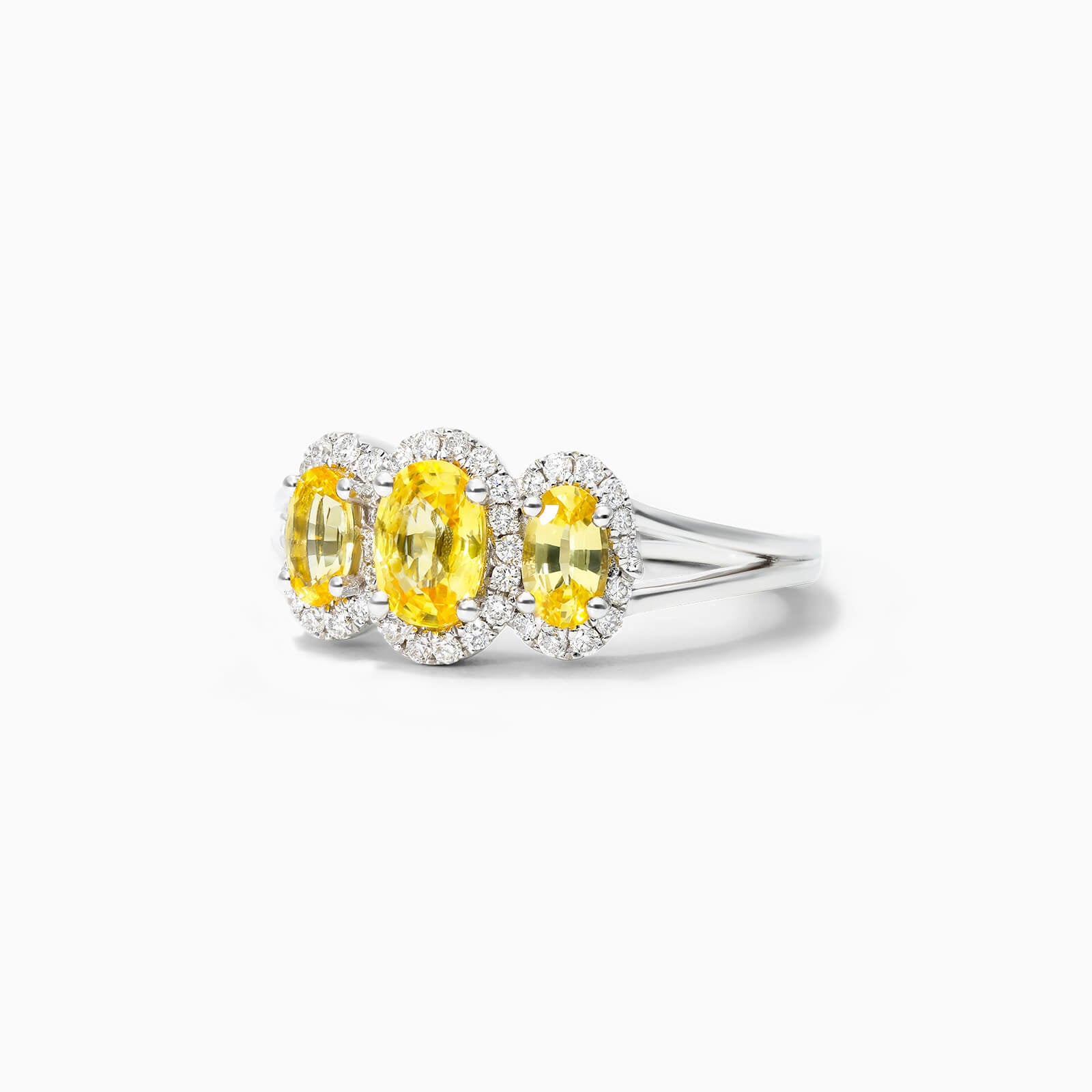 Anel De Ouro Branco 18k Três Safira Amarela e Diamantes