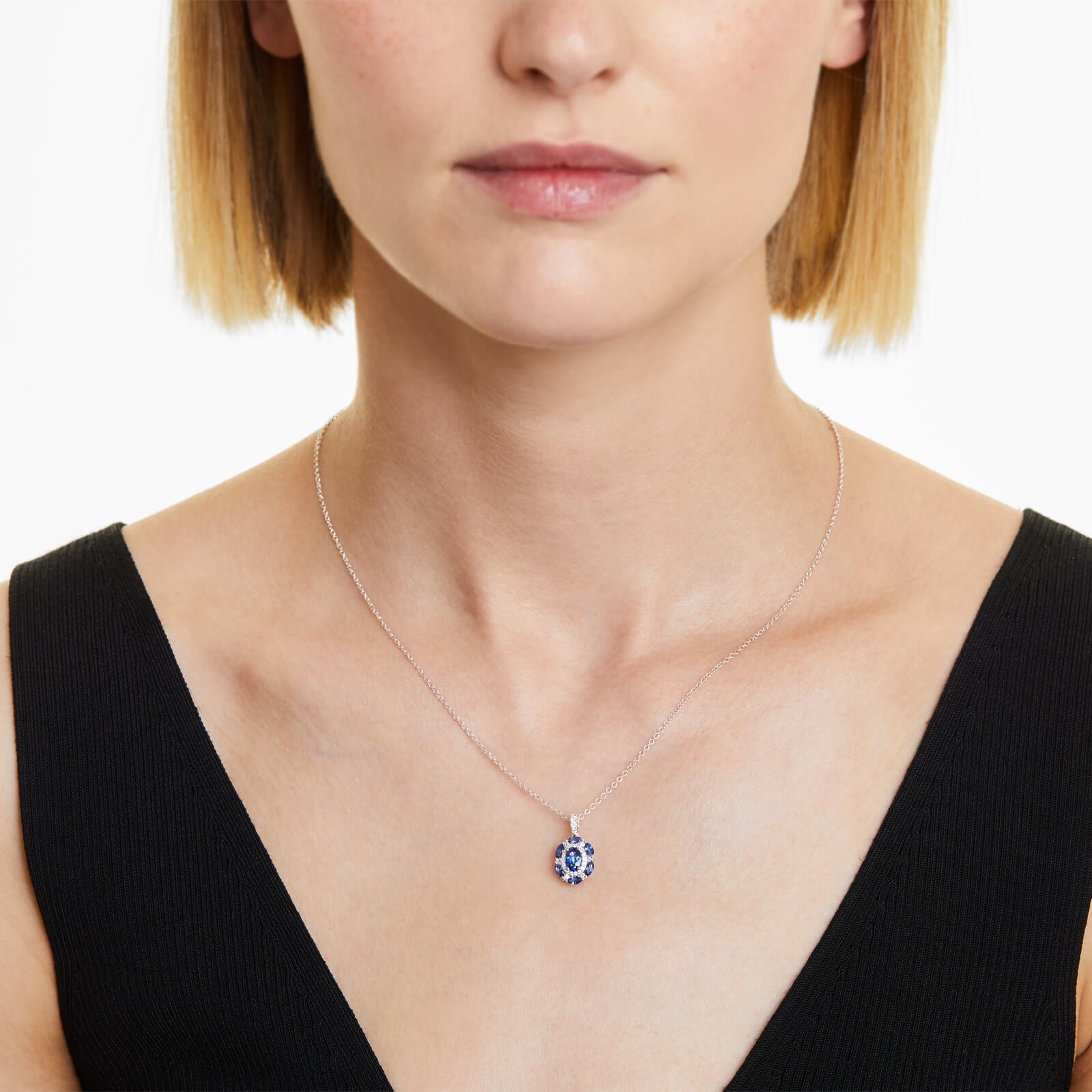 Colar Feminina Corrente em Ouro 18k de Safira Azul e Diamantes Luxo