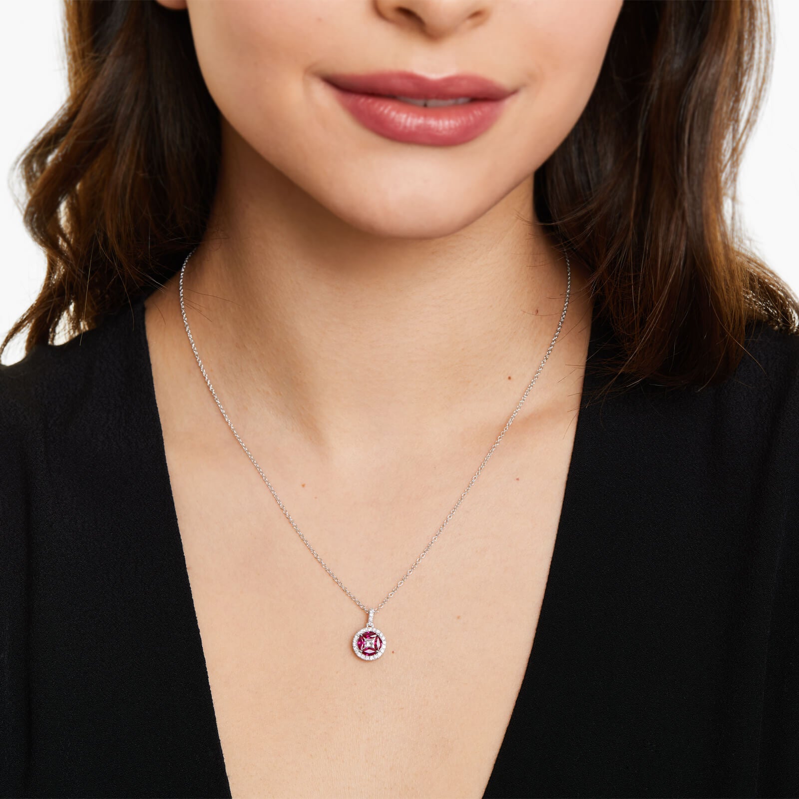 Colar Feminina De Ouro Branco 18k C/ Pingente De Rubis e Diamantes