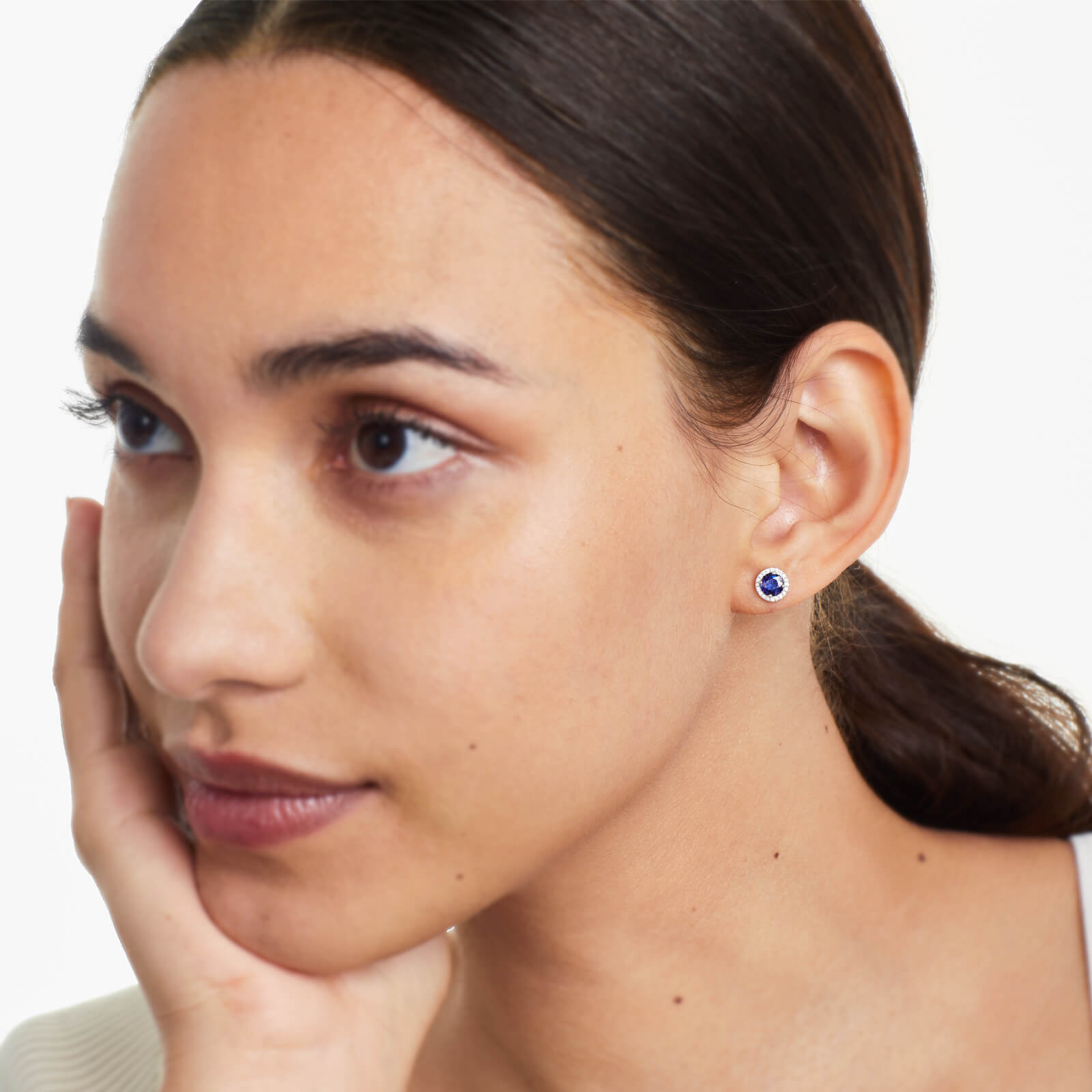 Brinco De Ouro 18k Feminino C/ Diamantes e Safira Azul Luxo Delicado Sweet