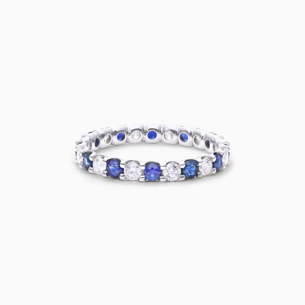 Anel Eternidade De Ouro 18k C/ Diamantes Brilhantes e Safira Azul