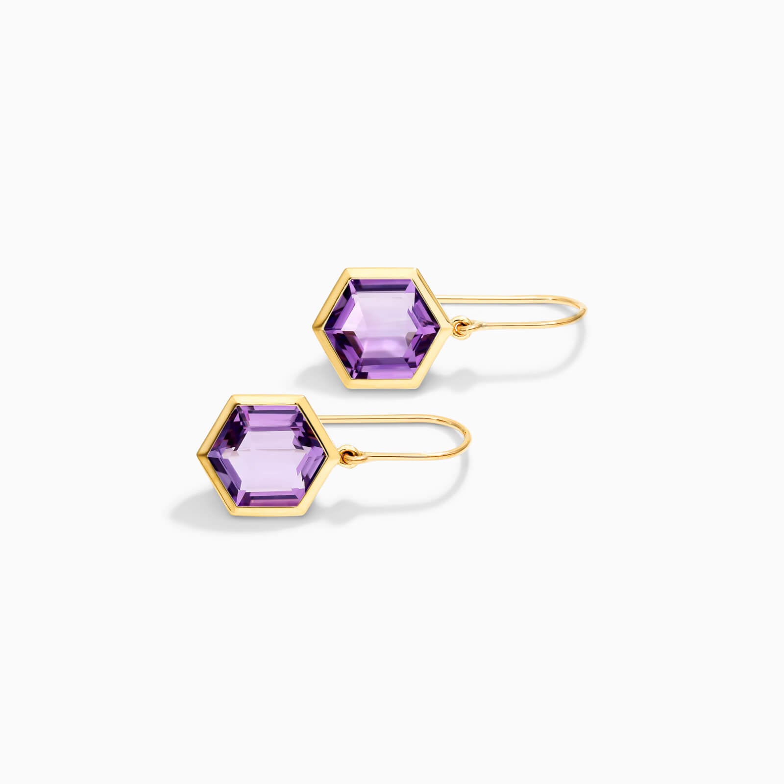 Brinco De Ouro 18k Feminino de Gancho com Ametista Hexagonal