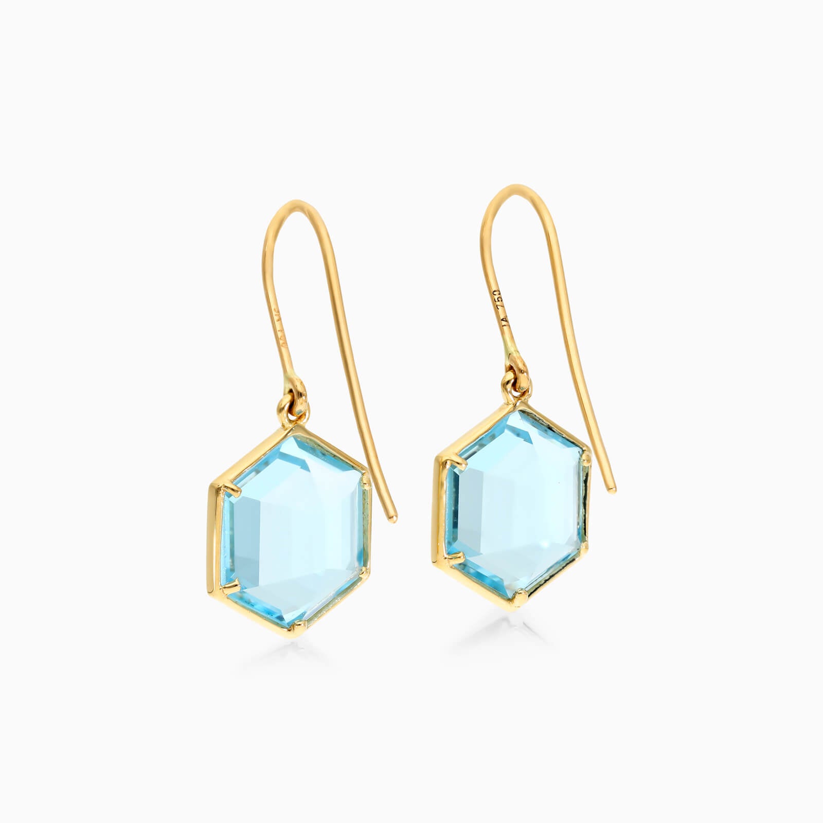 Brinco De Ouro 18k Feminino de Gancho c/ Topazio Azul Hexagonal