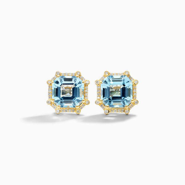 Brinco De Ouro 18k Feminino C/ Diamantes Brilhantes e Topazio Azul Octogono