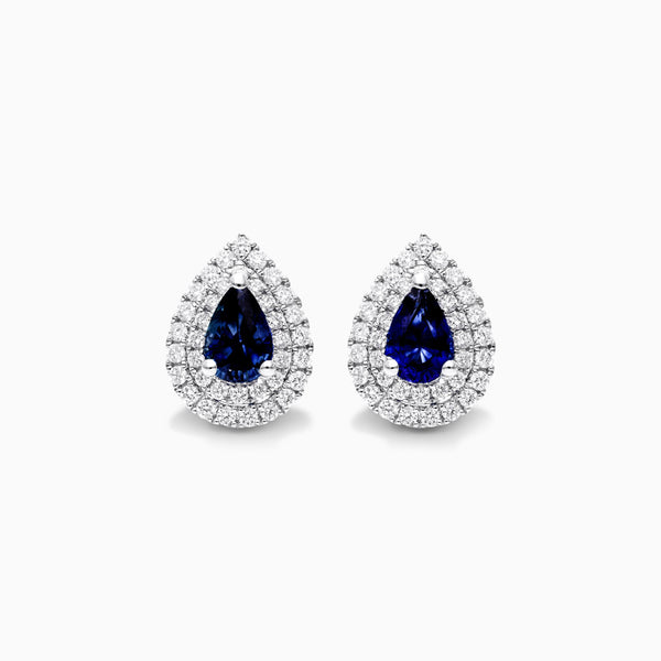 Brinco De Ouro 18k Feminino C/ Diamantes Brilhantes e Safira Azul Pera