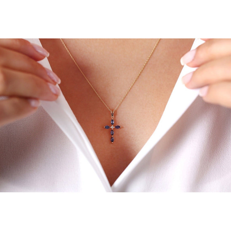 Pingente De Ouro Feminino Crusifixo Diamante Zafiras Luxo