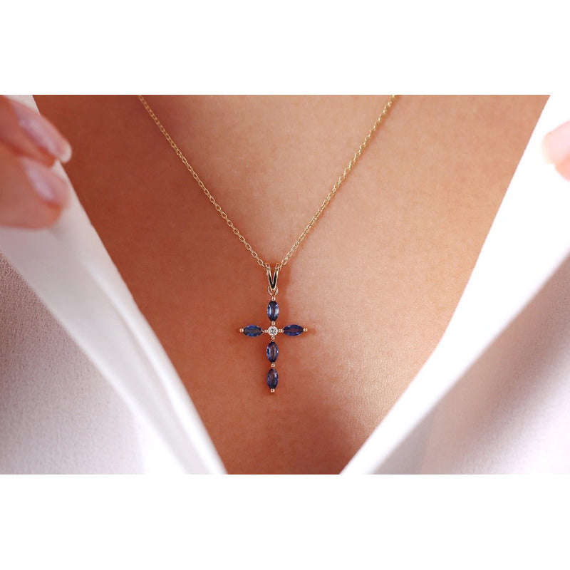 Pingente De Ouro Feminino Crusifixo Diamante Zafiras Luxo