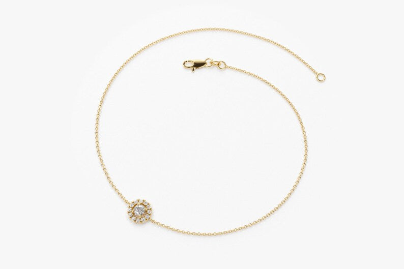 Pulseira Halo Feminina de Ouro Amarelo 18k Diamante Brilhantes Solitario