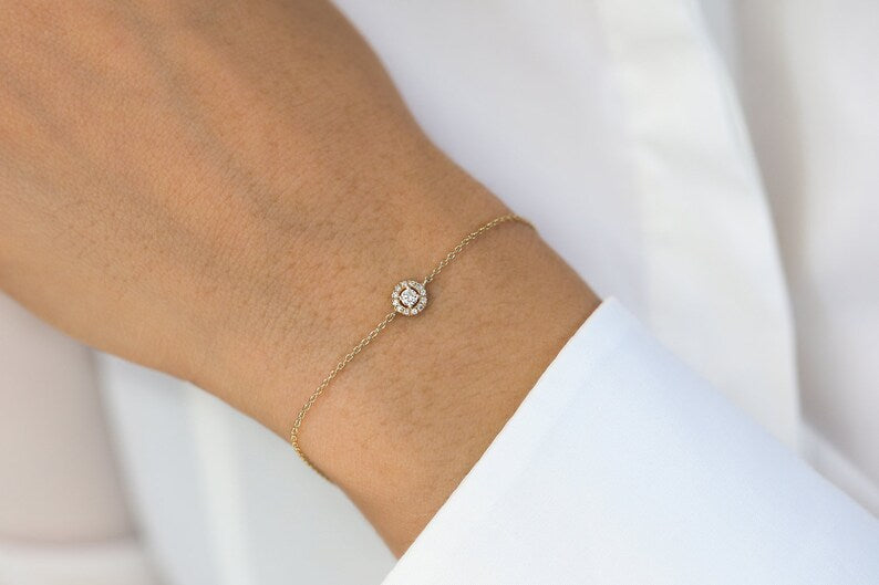 Pulseira Halo Feminina de Ouro Amarelo 18k Diamante Brilhantes Solitario