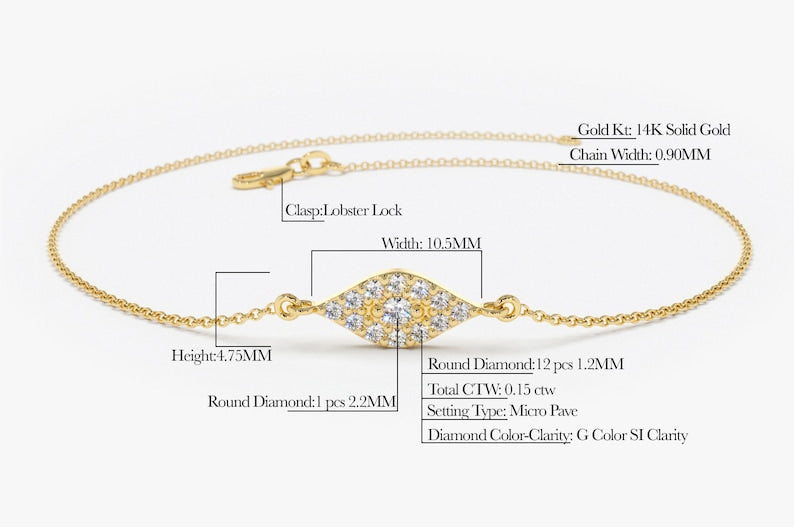 Pulseira Feminina Delicado de Ouro Amarelo 18k Olho Diamantes