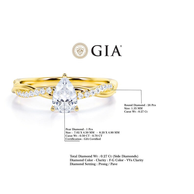 Anel Pear Solitario De Ouro Amarelo 18k Diamantes Brilhantes 70pts