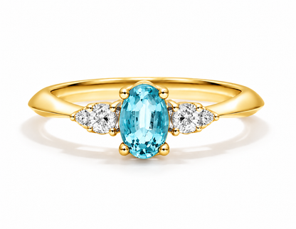 Anel De Ouro 18k Elsa  C/ Água Marinha Solitário e Diamantes