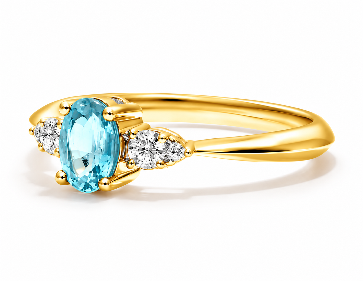 Anel De Ouro 18k Elsa  C/ Água Marinha Solitário e Diamantes