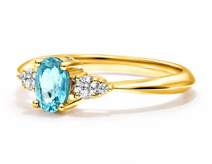 Anel De Ouro 18k Elsa  C/ Água Marinha Solitário e Diamantes