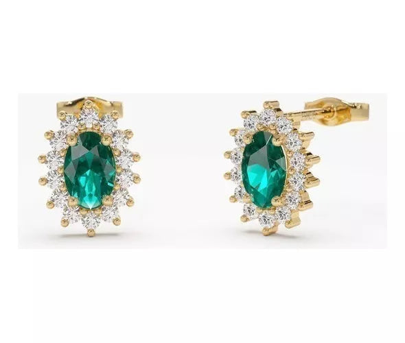 Brinco De Ouro 18k Feminino C/ Diamantes Brilhantes e Esmeralda e Pingente