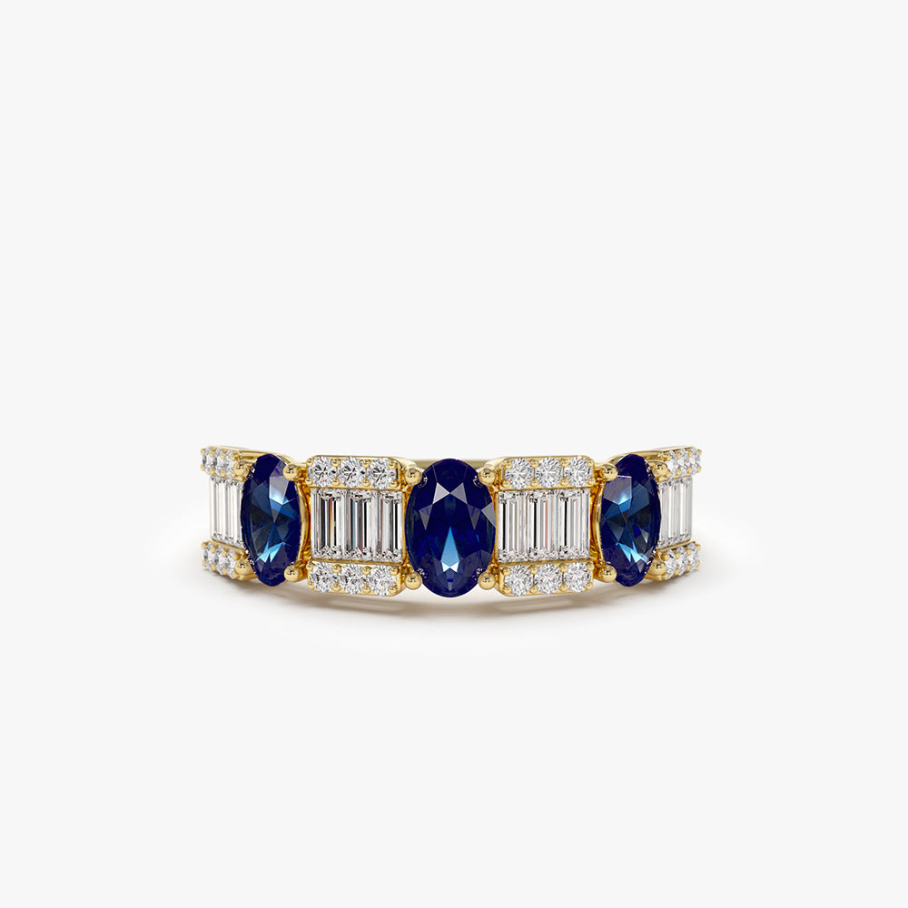 Anel solitário de ouro feminino noivado Diamante Safira Azul