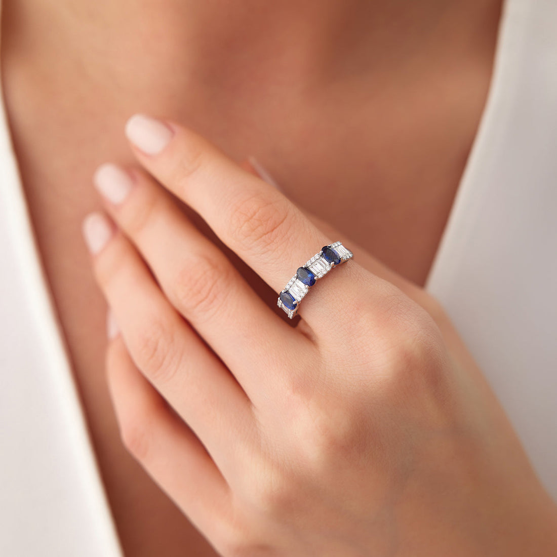 Anel solitário de ouro feminino noivado Diamante Safira Azul