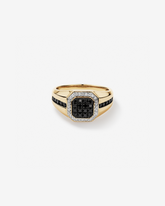 Anel masculino em ouro amarelo 18k com diamantes naturais negros e brancos 0,75 ct - vista frontal