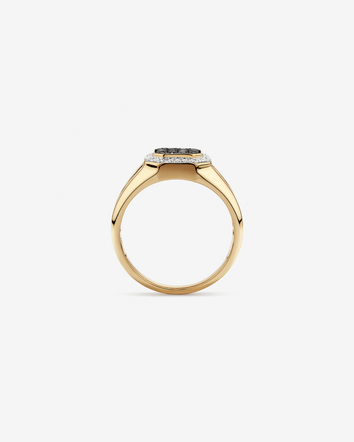 Anel masculino em ouro amarelo 18k com diamantes naturais negros e brancos 0,75 ct - vista lateral