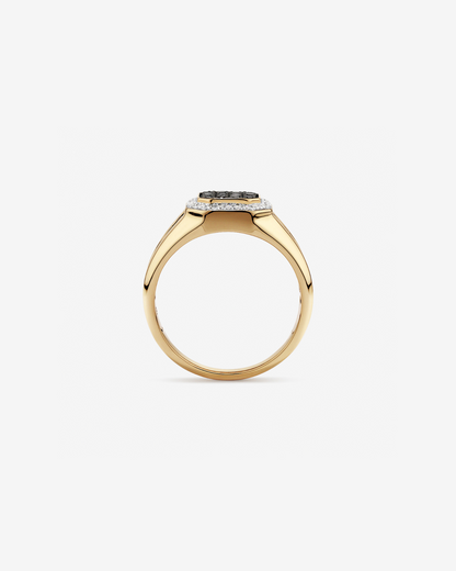 Anel masculino em ouro amarelo 18k com diamantes naturais negros e brancos 0,75 ct - vista lateral