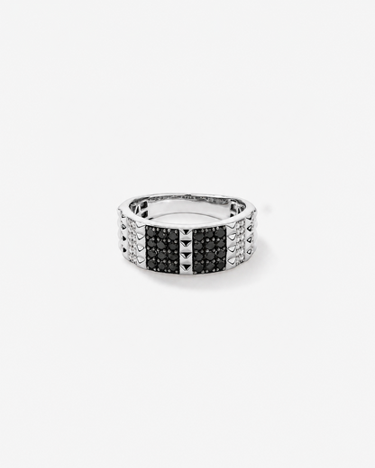 Anel masculino ouro branco 18k com diamantes naturais pretos e brancos - frontal