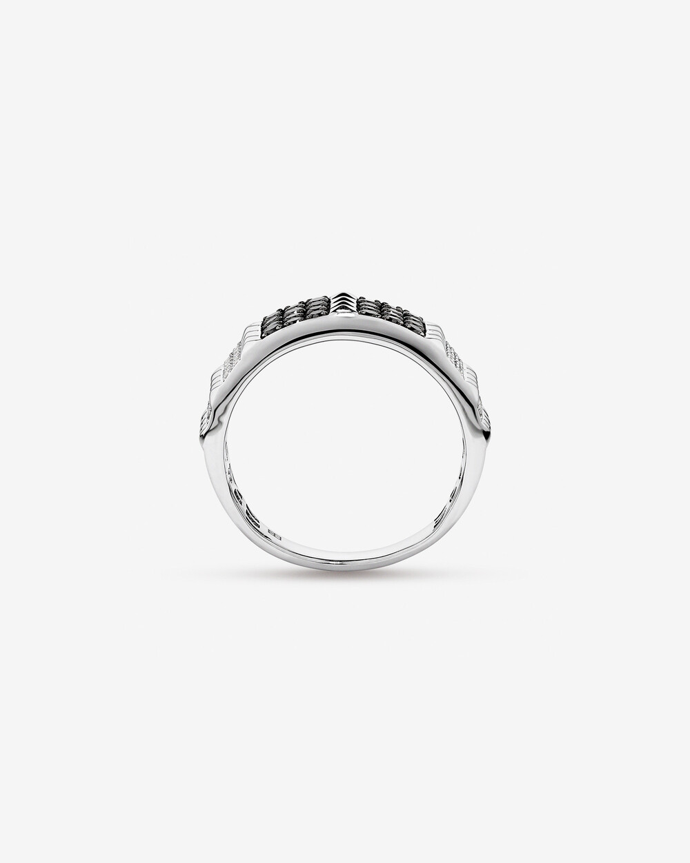 Anel masculino ouro branco 18k com diamantes naturais pretos e brancos - lateral