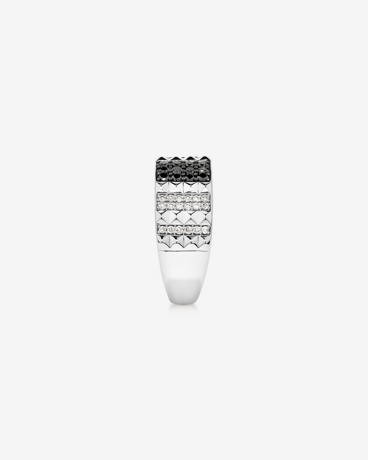 Anel masculino ouro branco 18k com diamantes naturais pretos e brancos - perfil