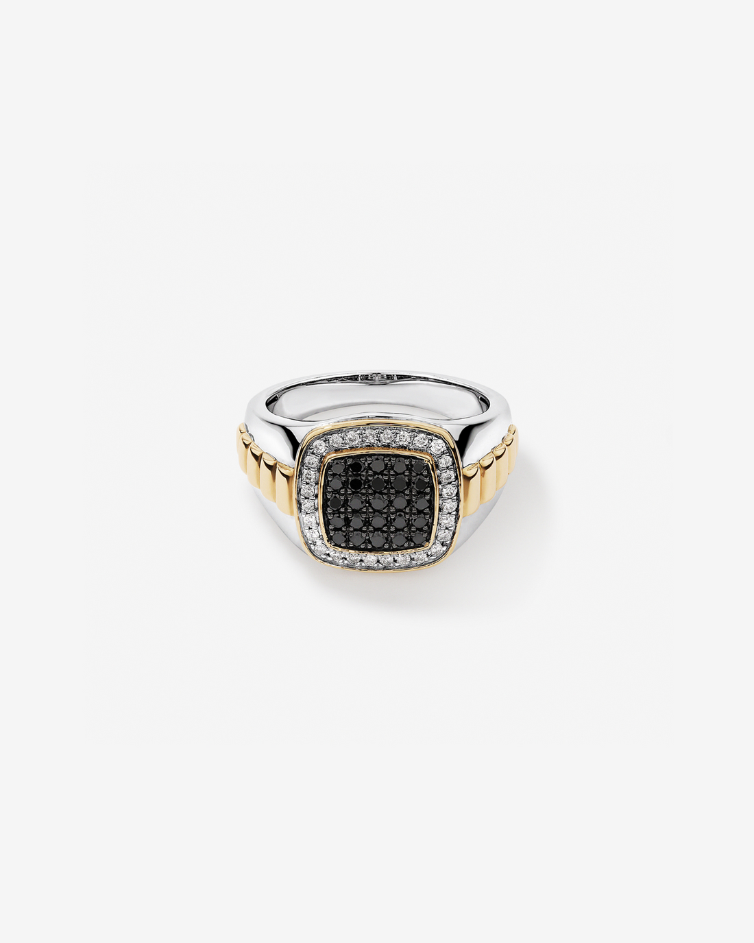 Anel masculino em ouro branco e amarelo 18k com diamantes naturais negros e brancos 0,75 ct - vista frontal