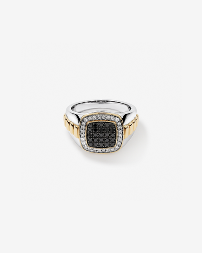 Anel masculino em ouro branco e amarelo 18k com diamantes naturais negros e brancos 0,75 ct - vista frontal