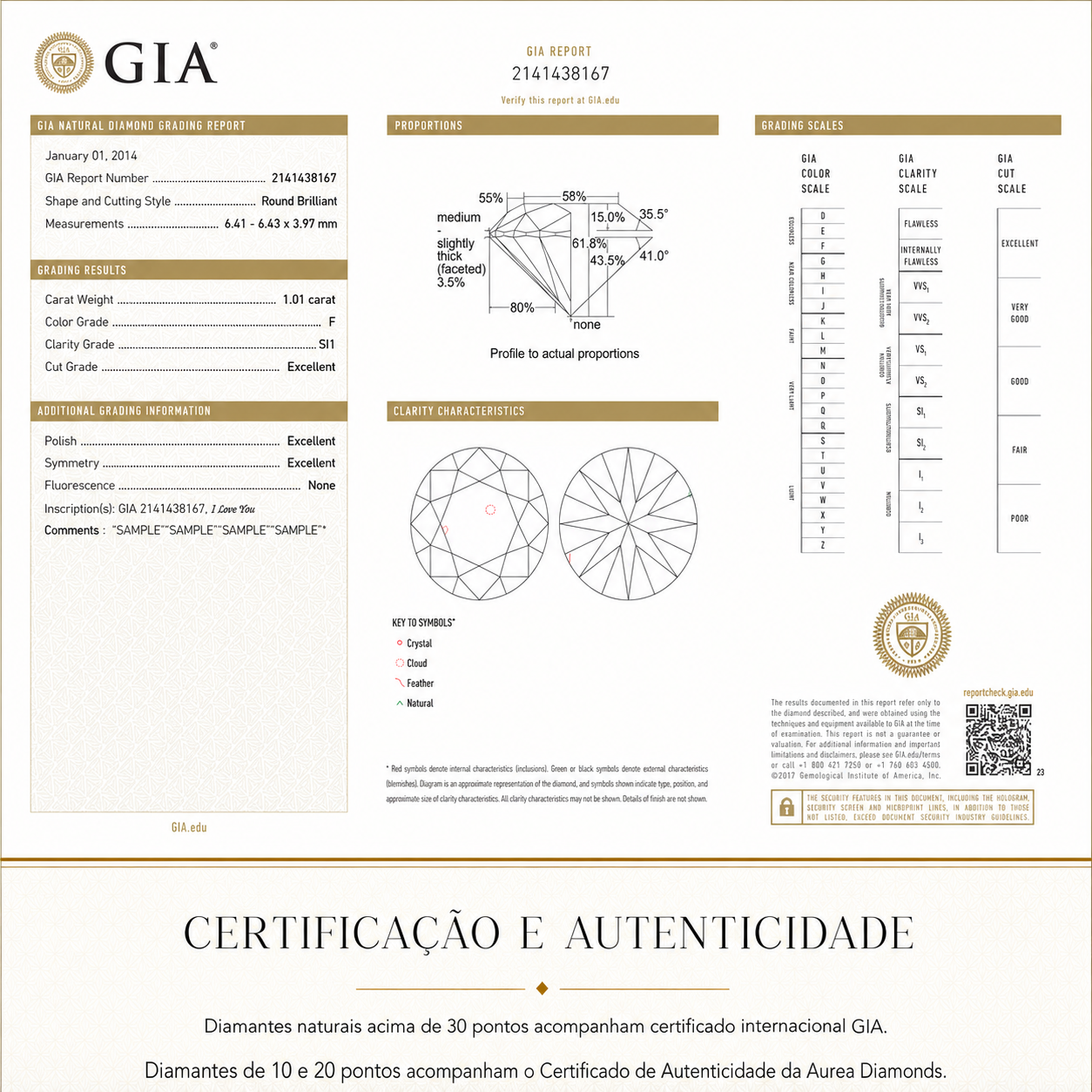 Certificação de diamantes naturais: GIA acima de 30 pontos e Certificado de Autenticidade Aurea Diamonds para 10 e 20 pontos