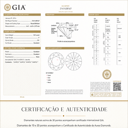 Certificação de diamantes naturais: GIA acima de 30 pontos e Certificado de Autenticidade Aurea Diamonds para 10 e 20 pontos