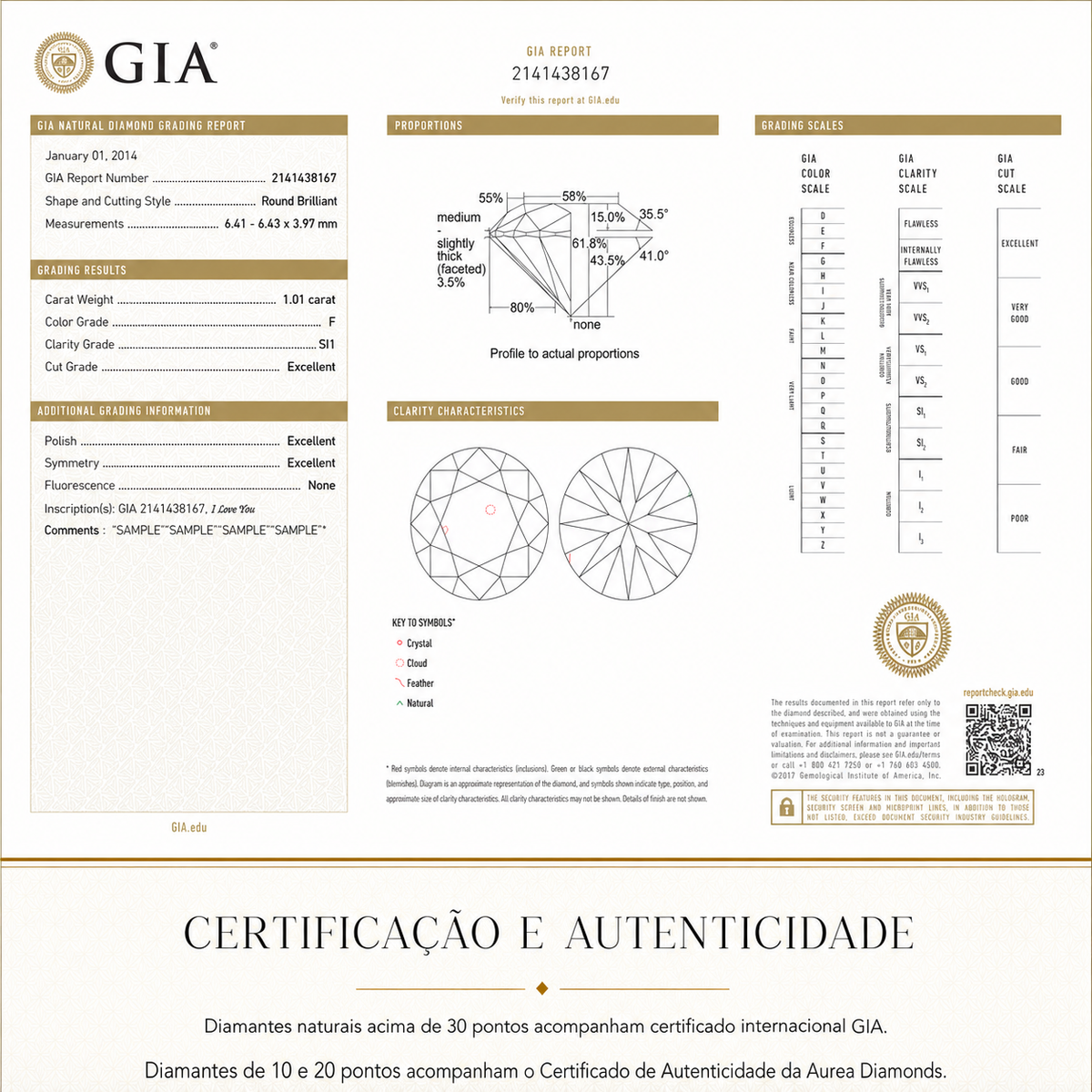 Certificação de diamantes naturais: GIA acima de 30 pontos e Certificado de Autenticidade Aurea Diamonds para 10 e 20 pontos