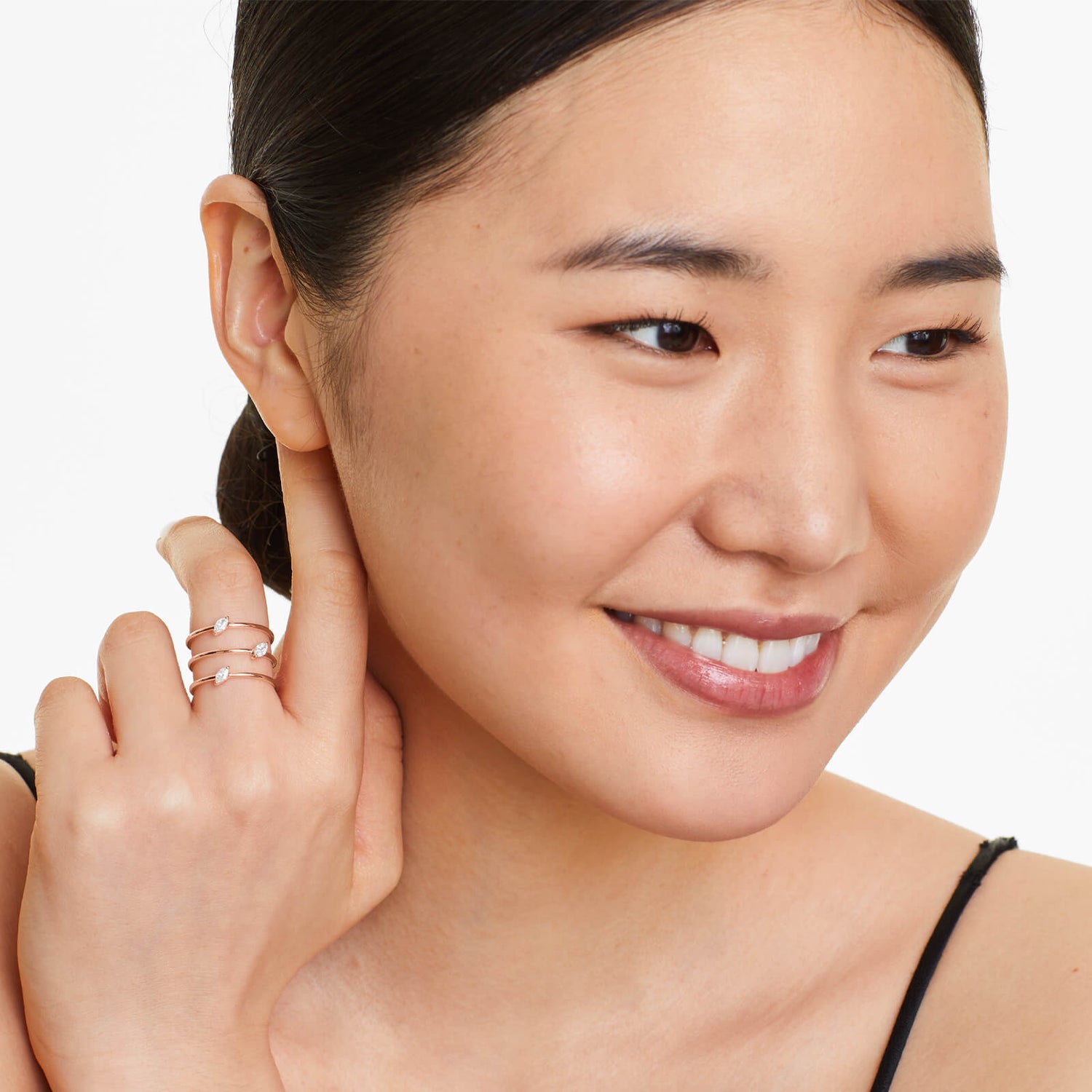 Anel De Três Fileira Ouro 18k Delicado Diamante Marquise