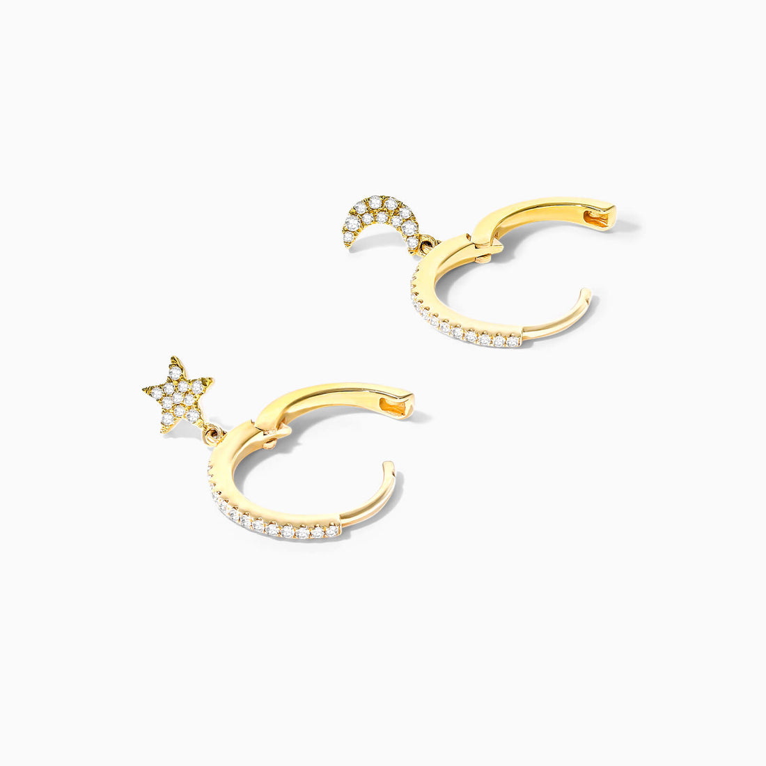 Brinco de  Ouro 18k feminino  Diamantes Lua e estrela Luxo