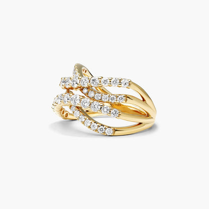 Anel De Ouro 18k e Fileiras De Ondas C/ Diamantes Brilhantes Luxo