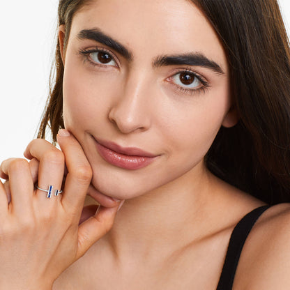 Anel De Ouro 18k Aberto C/ Safira Azul Baguette e Diamantes Brilhantes
