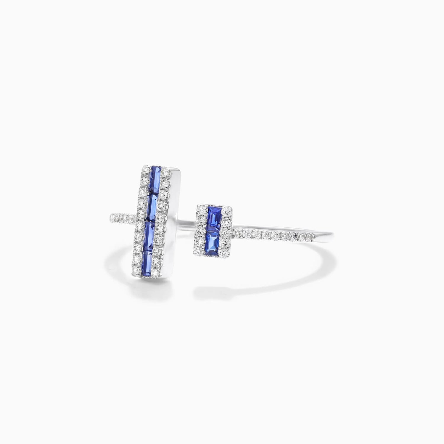 Anel De Ouro 18k Aberto C/ Safira Azul Baguette e Diamantes Brilhantes
